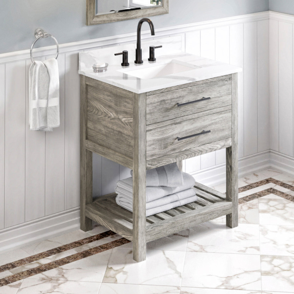 Jeffrey Alexander Wavecrest 30" Weathered Grey Single Sink Bathroom Vanity with Calacatta Vienna Quartz Top - 8 in. Widespread Faucet Top product image 2