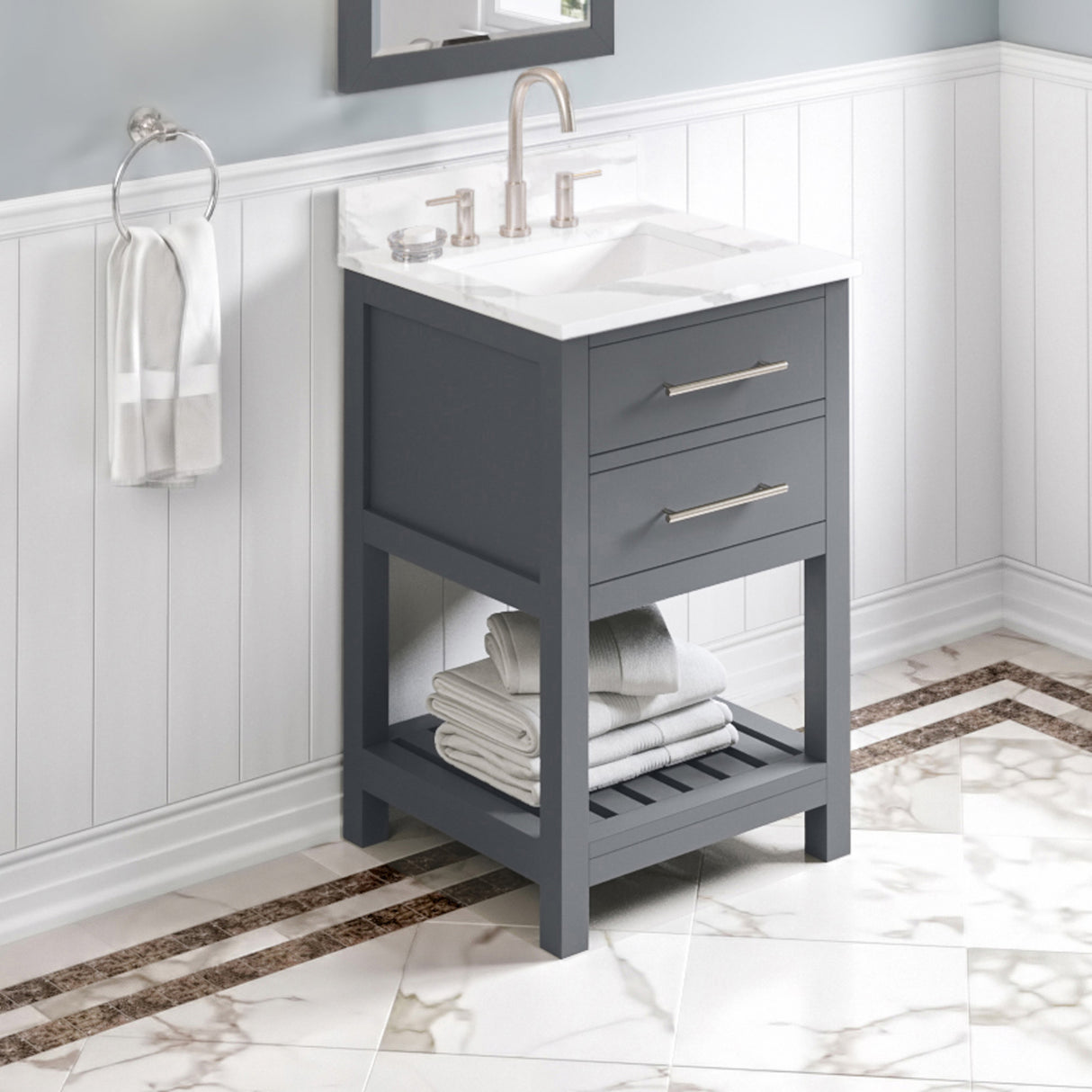 Jeffrey Alexander Wavecrest 24" Grey Single Sink Bathroom Vanity with Calacatta Vienna Quartz Top - 8 in. Widespread Faucet Top product image 2