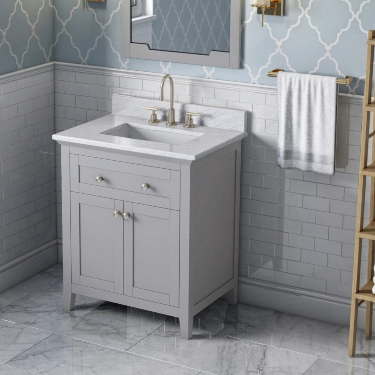 Jeffrey Alexander Chatham 30" Grey Single Sink Bathroom Vanity with White Carrara Marble Top - 8 in. Widespread Faucet Top product image 2