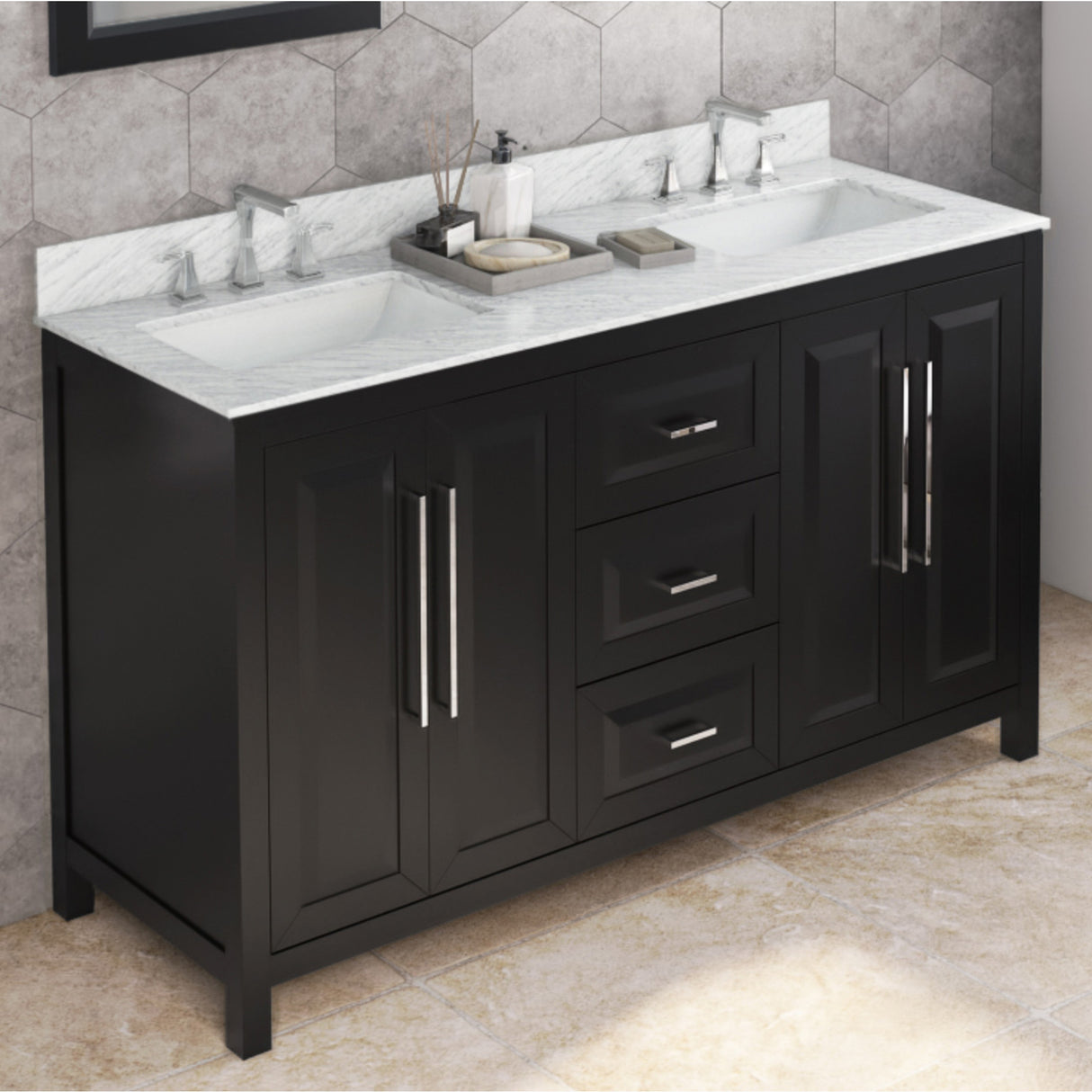 Jeffrey Alexander Cade 60" Black Double Sink Bathroom Vanity with White Carrara Marble Top - 8 in. Widespread Faucet Top product image 2
