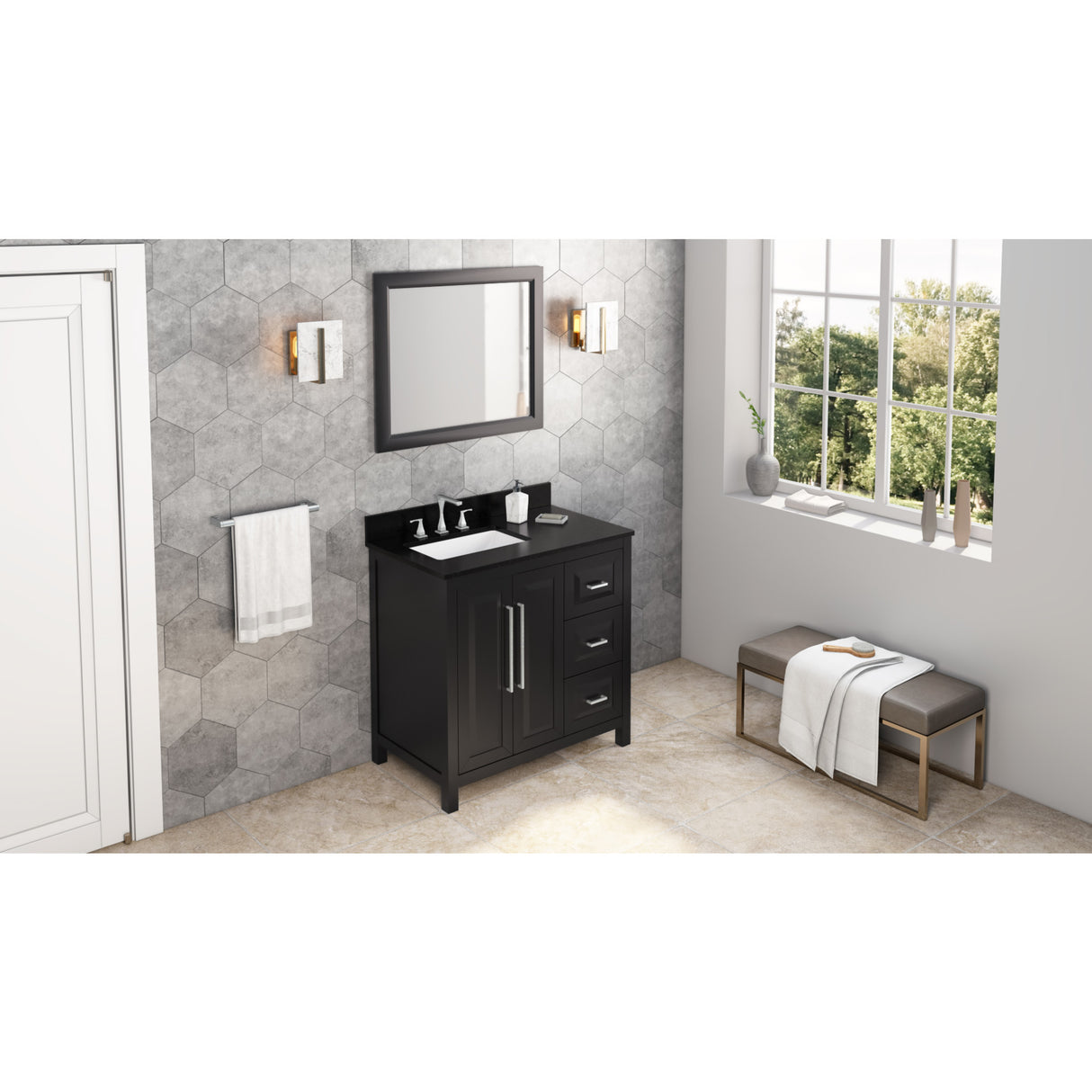 Jeffrey Alexander Cade 36" Black Single Sink Bathroom Vanity with Black Granite Top - 8 in. Widespread Faucet Top
