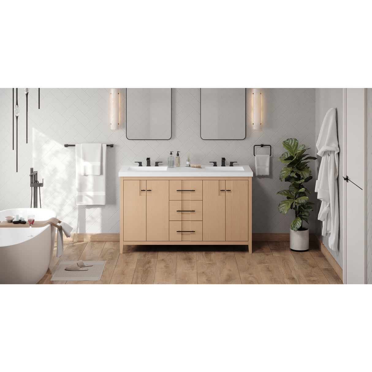 Jeffrey Alexander Katara 60" Natural Oak Double Sink Bathroom Vanity with White Resin Top - 8 in. Widespread Faucet Top