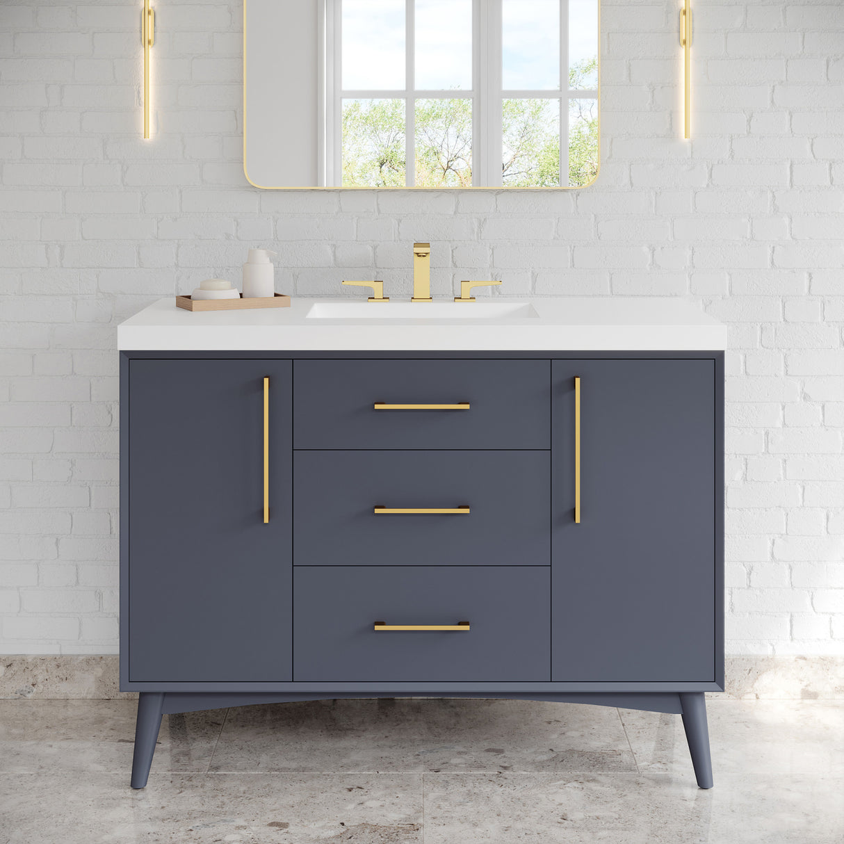 Jeffrey Alexander Dashwood Blue Steel Single Sink Bathroom Vanity with White Resin Top - 8 in. Widespread Faucet Top - VKITDAS48BSRER