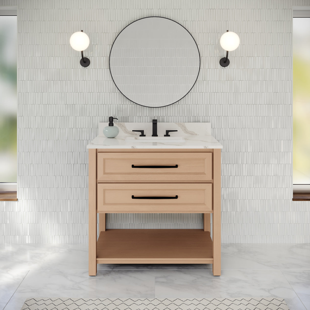 Jeffrey Alexander Kipling 37" Natural Oak Single Sink Bathroom Vanity with Calacatta Vienna Quartz Top - Single-Hole Faucet Top