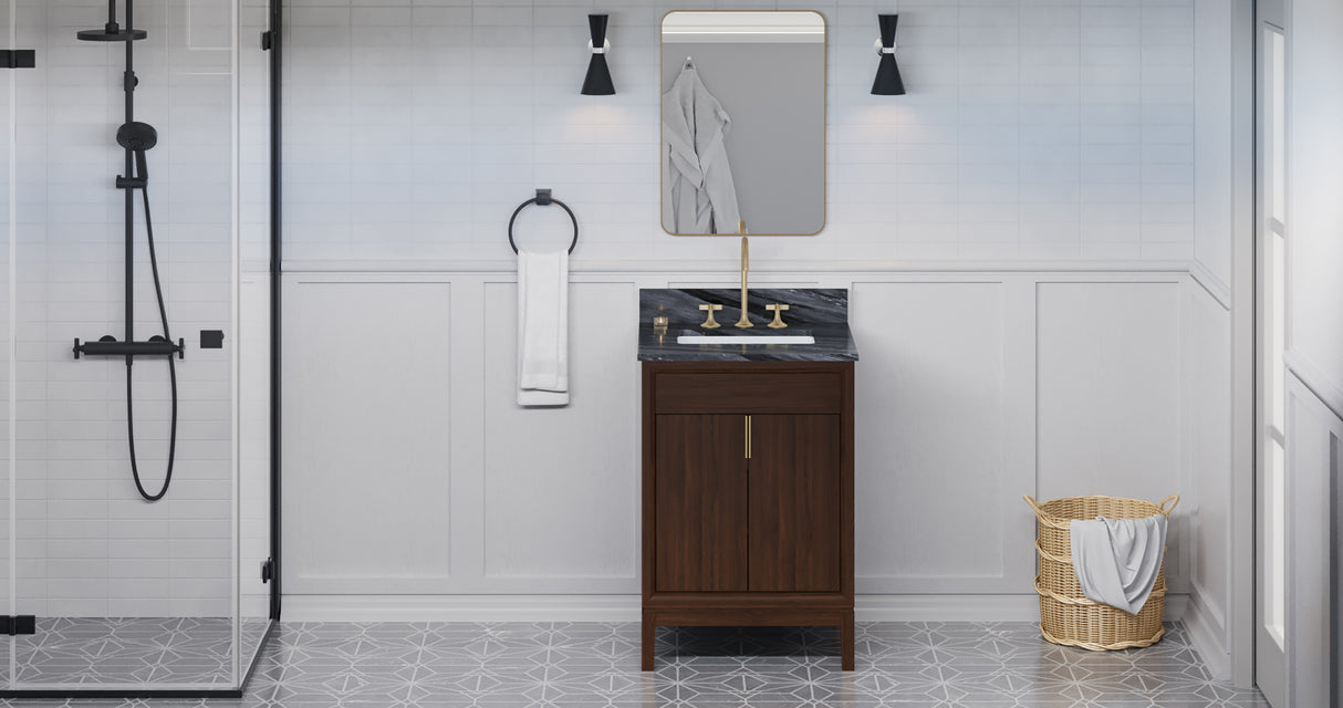 Jeffrey Alexander Theodora 24" Dark Walnut Single Sink Bathroom Vanity with Grey Marble Top - 8 in. Widespread Faucet Top product image 6