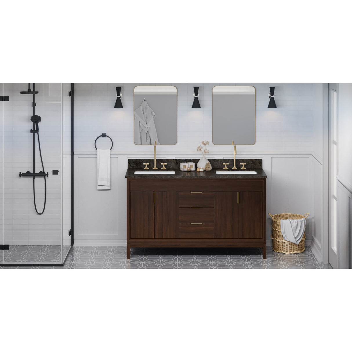 Jeffrey Alexander Theodora 60" Dark Walnut Double Sink Bathroom Vanity with Blue Limestone Top - 8 in. Widespread Faucet Top