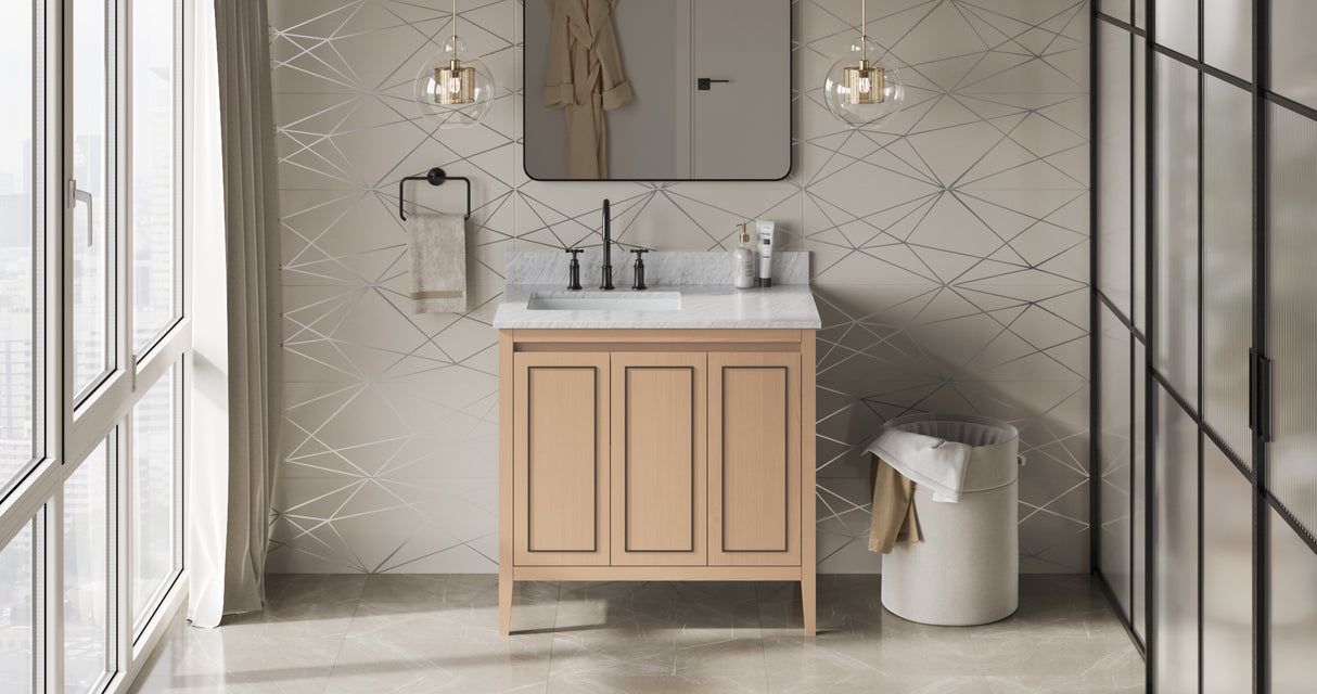 Jeffrey Alexander Percival 36" Natural Oak Single Sink Bathroom Vanity with White Carrara Marble Top - 8 in. Widespread Faucet Top product image 6