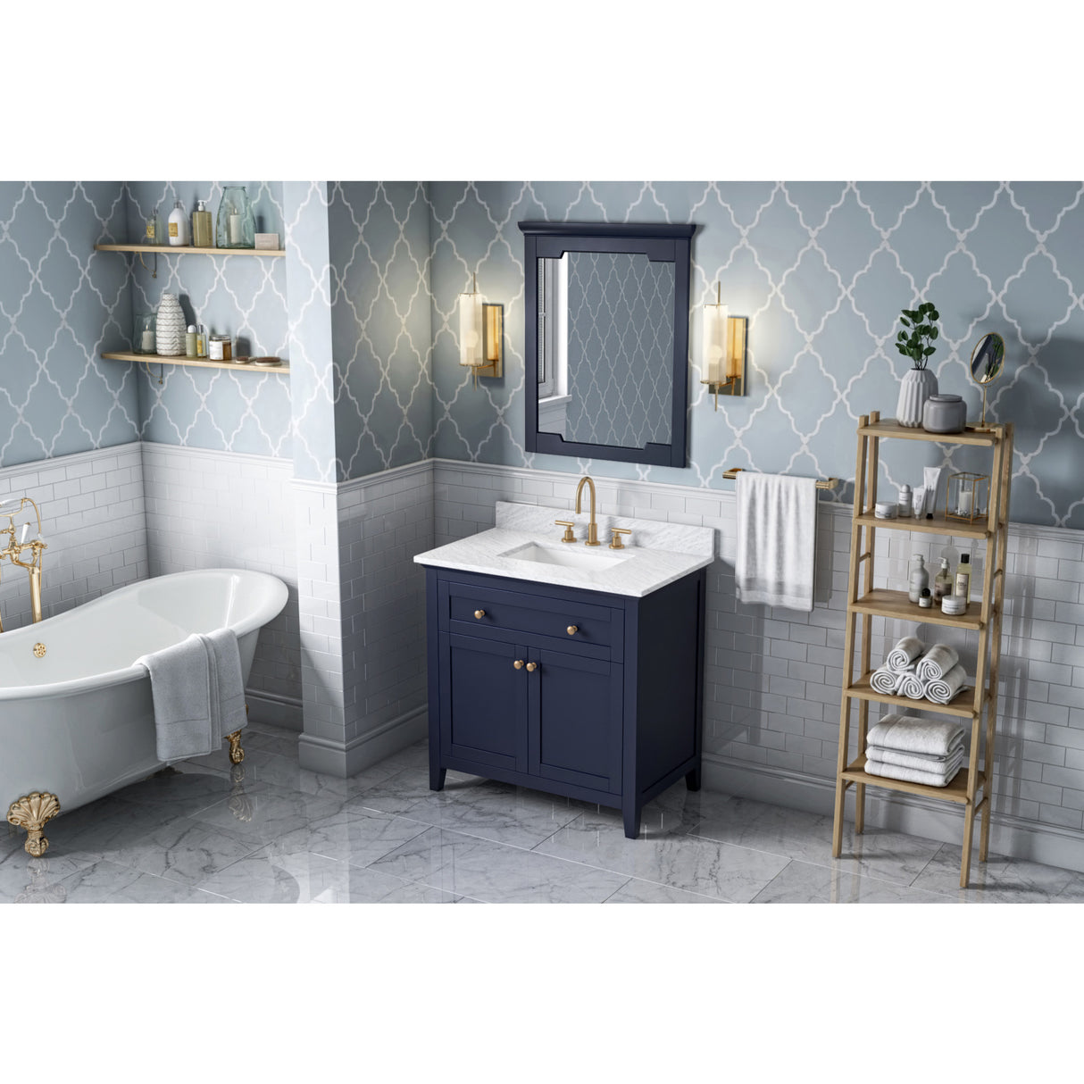 Jeffrey Alexander Chatham 36" Hale Blue Single Sink Bathroom Vanity with White Carrara Marble Top - 8 in. Widespread Faucet Top