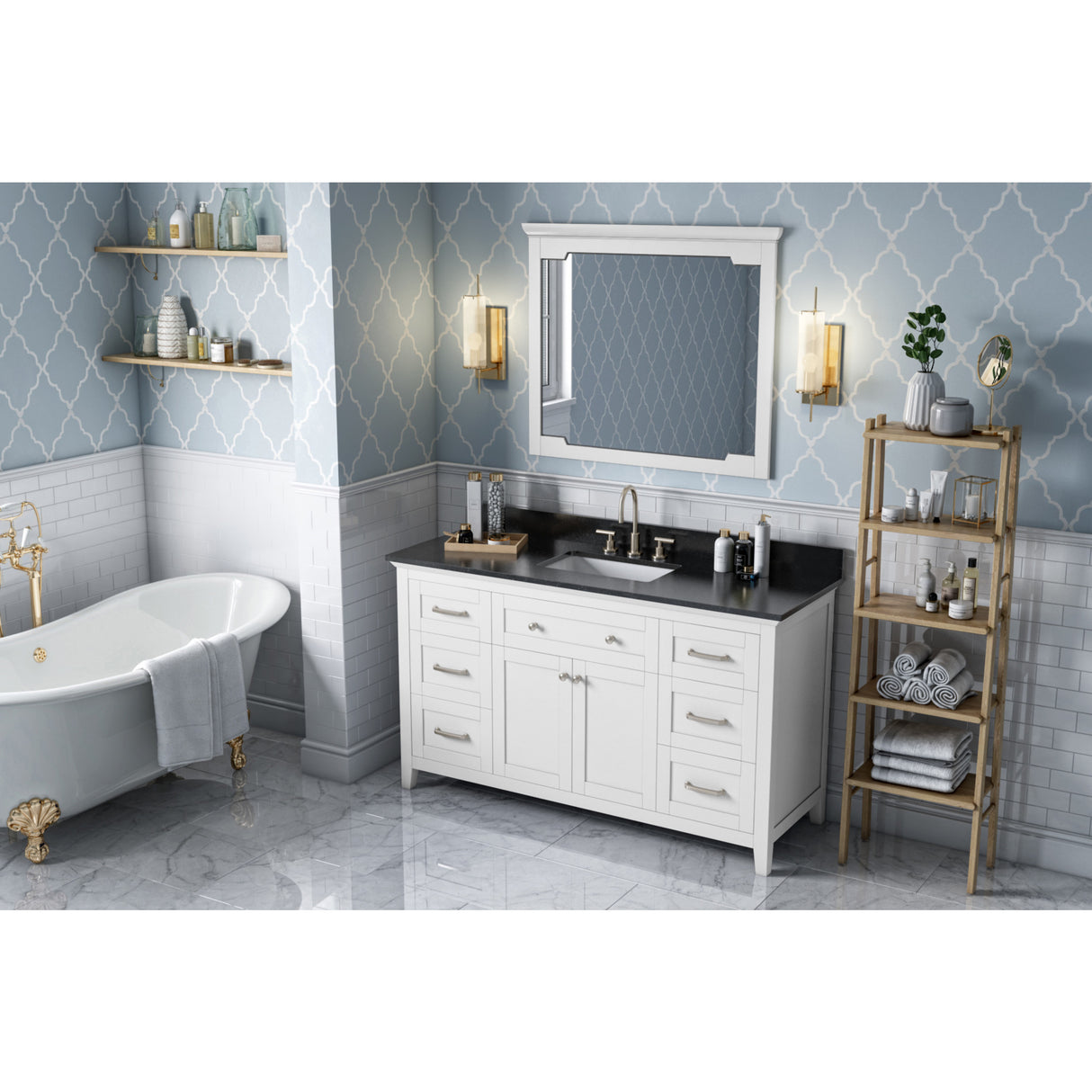 Jeffrey Alexander Chatham 60" White Double Sink Bathroom Vanity with Black Granite Top - 8 in. Widespread Faucet Top - VKITCHA60SWHBGR