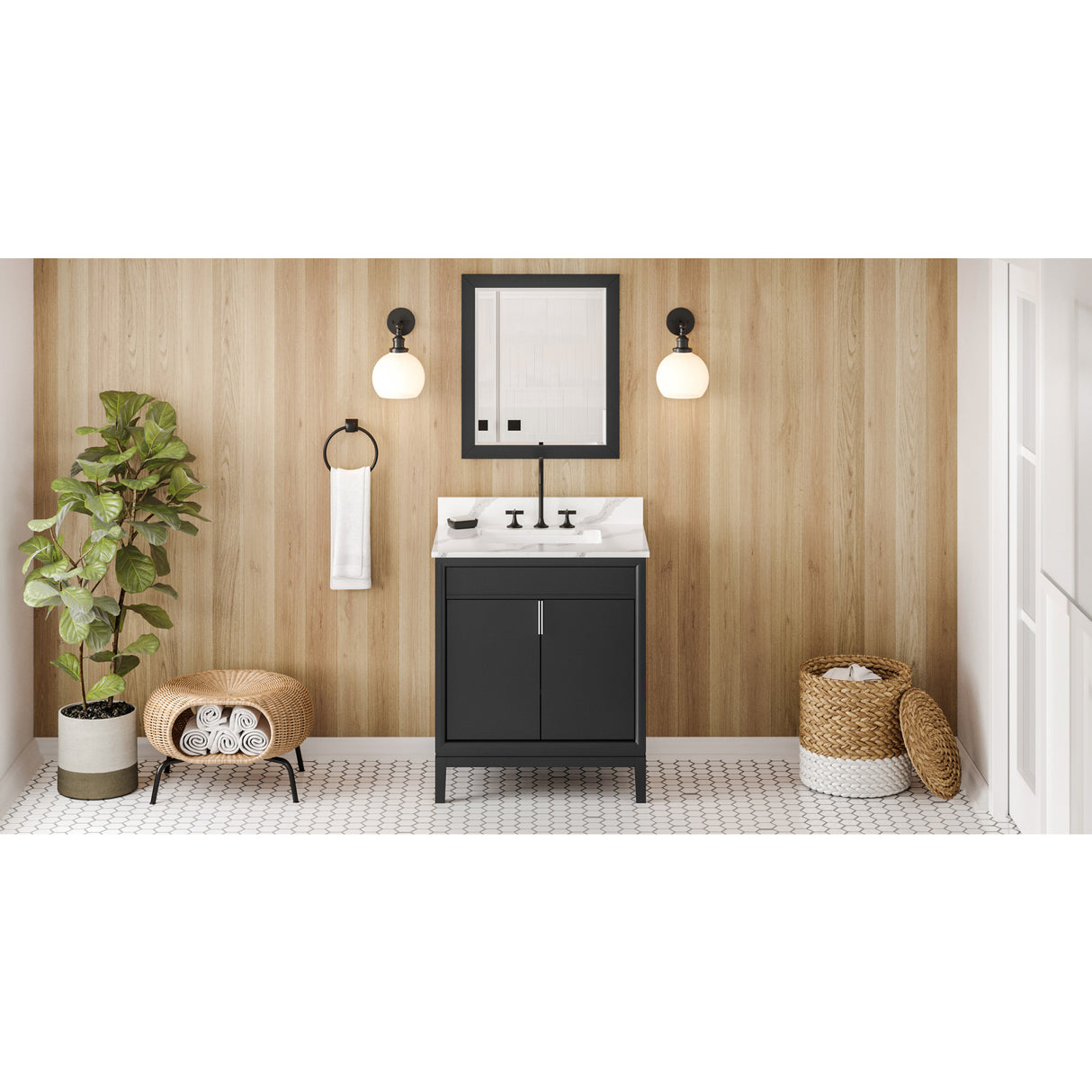 Jeffrey Alexander Theodora 30" Black Single Sink Bathroom Vanity with Calacatta Vienna Quartz Top - 8 in. Widespread Faucet Top