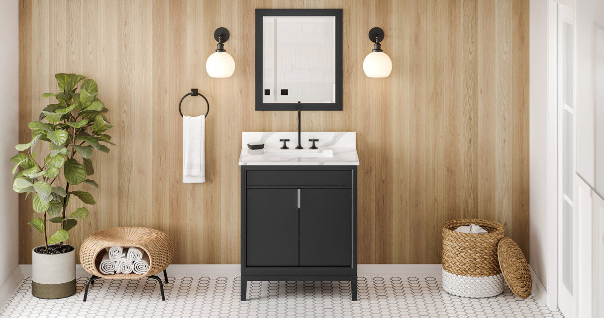 Jeffrey Alexander Theodora 30" Black Single Sink Bathroom Vanity with Calacatta Vienna Quartz Top - 8 in. Widespread Faucet Top product image 7