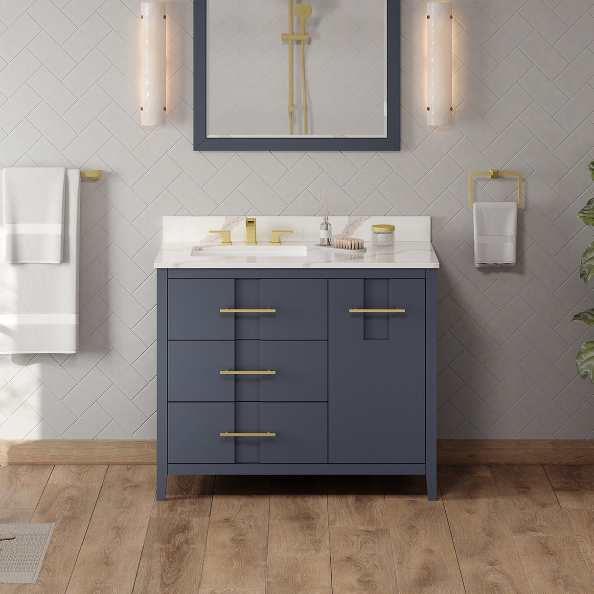 Jeffrey Alexander Katara 42" Blue Steel Single Sink Bathroom Vanity with Calacatta Vienna Quartz Top - 8 in. Widespread Faucet Top product image 2