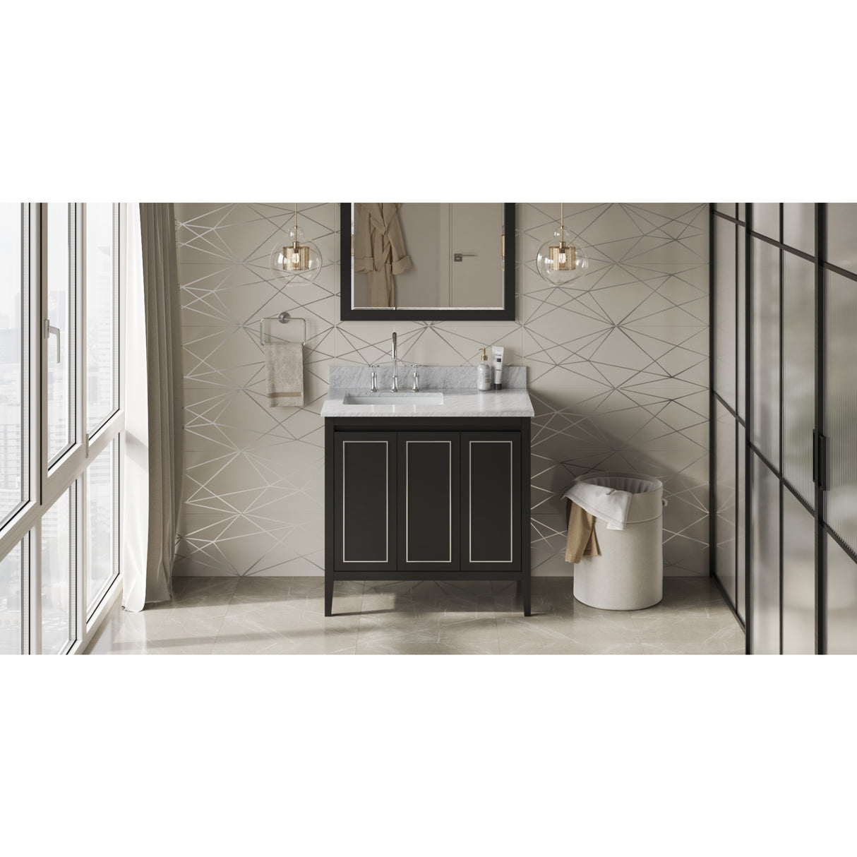 Jeffrey Alexander Percival 36" Black Single Sink Bathroom Vanity with White Carrara Marble Top - 8 in. Widespread Faucet Top