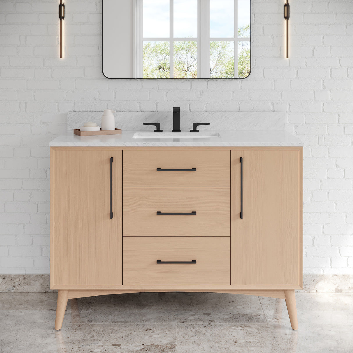 Jeffrey Alexander Dashwood Natural Oak Single Sink Bathroom Vanity with White Carrara Marble Top - 8 in. Widespread Faucet Top - VKITDAS48NOWCR