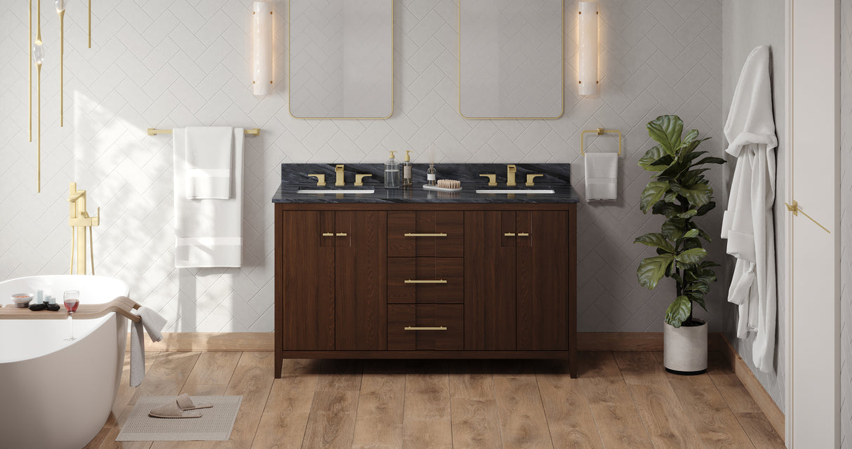 Jeffrey Alexander Katara 60" Dark Walnut Double Sink Bathroom Vanity with Grey Marble Top - 8 in. Widespread Faucet Top product image 6