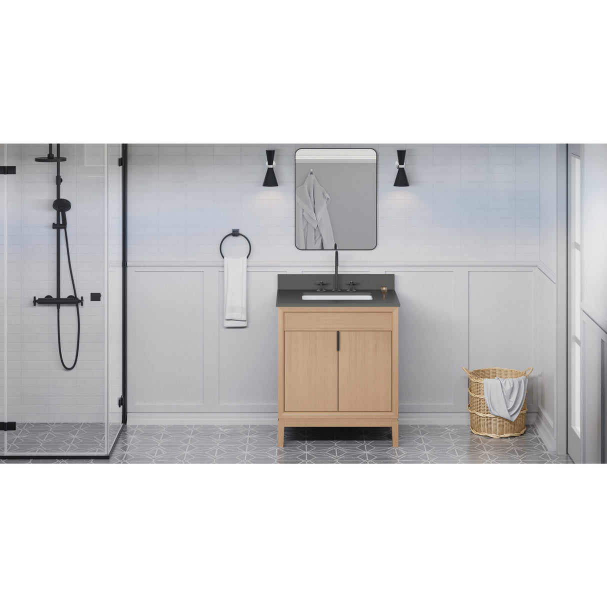 Jeffrey Alexander Theodora 30" Natural Oak Single Sink Bathroom Vanity with Grey Quartz Top - 8 in. Widespread Faucet Top