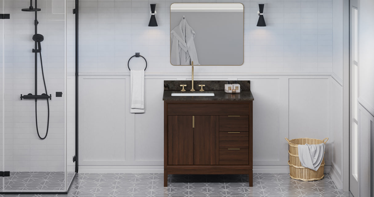 Jeffrey Alexander Theodora 36" Dark Walnut Single Sink Bathroom Vanity with Blue Limestone Top - 8 in. Widespread Faucet Top product image 6