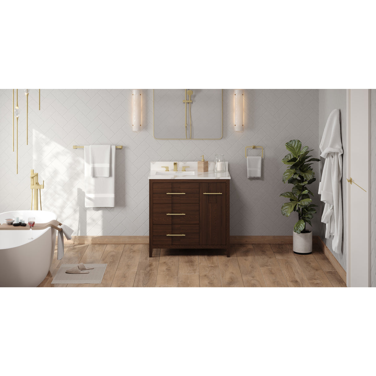Jeffrey Alexander Katara 36" Dark Walnut Single Sink Bathroom Vanity with Calacatta Vienna Quartz Top - 8 in. Widespread Faucet Top