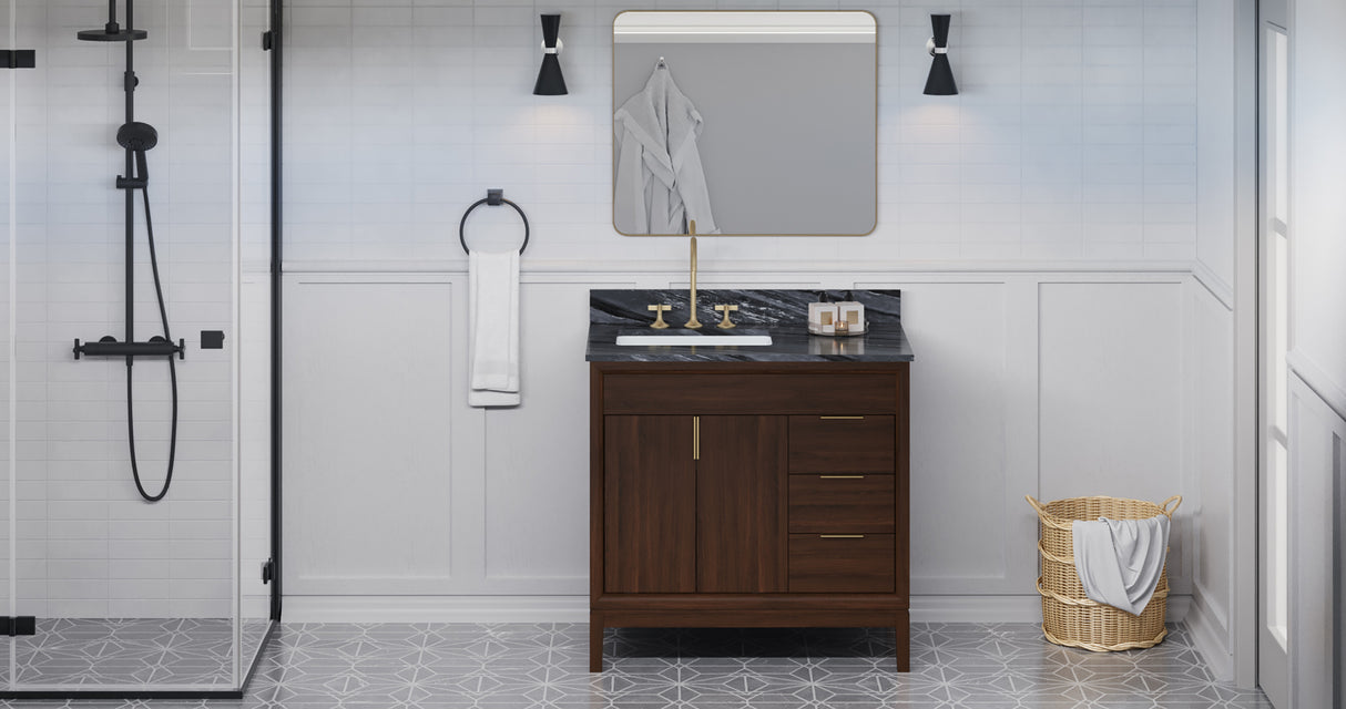 Jeffrey Alexander Theodora 36" Dark Walnut Single Sink Bathroom Vanity with Grey Marble Top - 8 in. Widespread Faucet Top product image 6