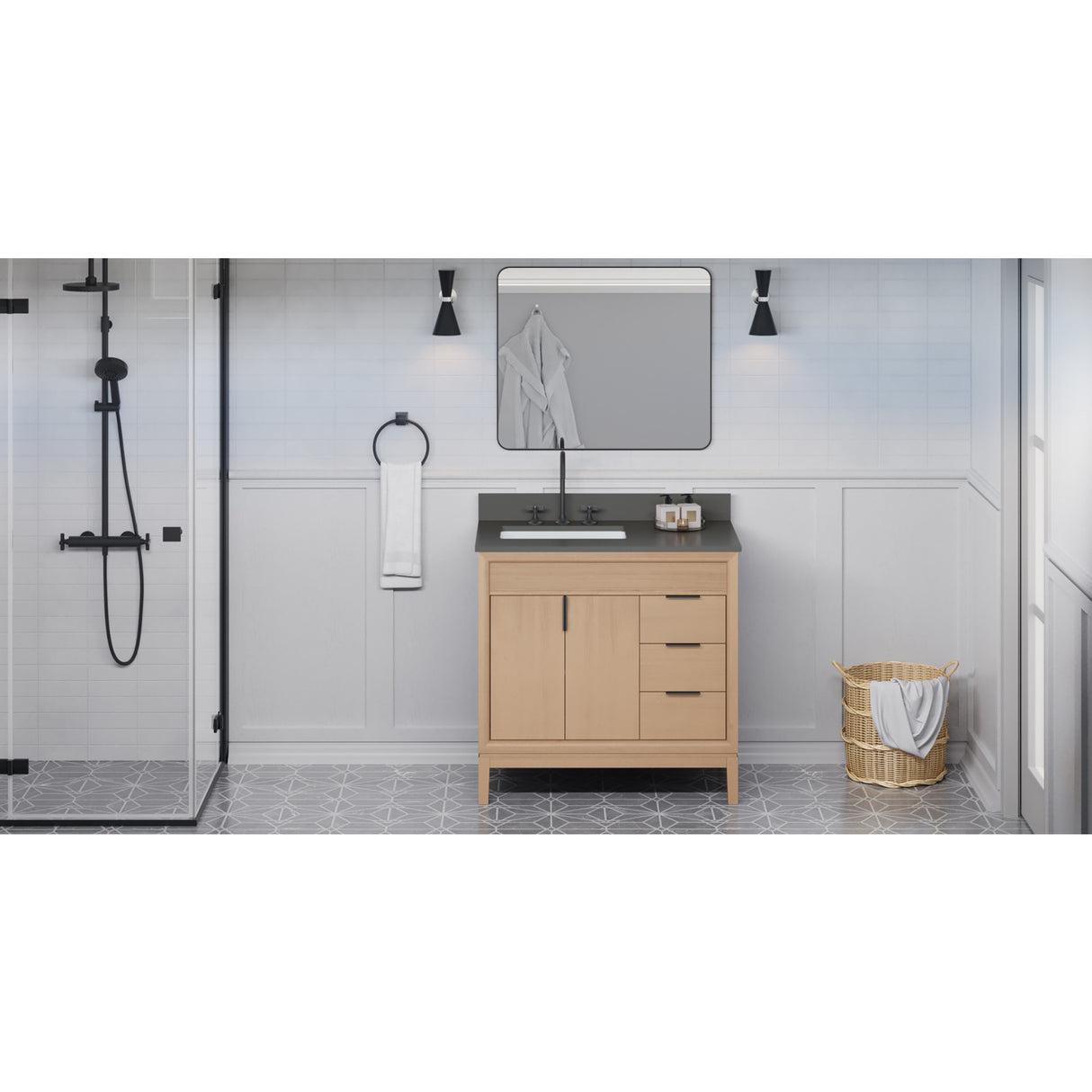 Jeffrey Alexander Theodora 36" Natural Oak Single Sink Bathroom Vanity with Grey Quartz Top - 8 in. Widespread Faucet Top