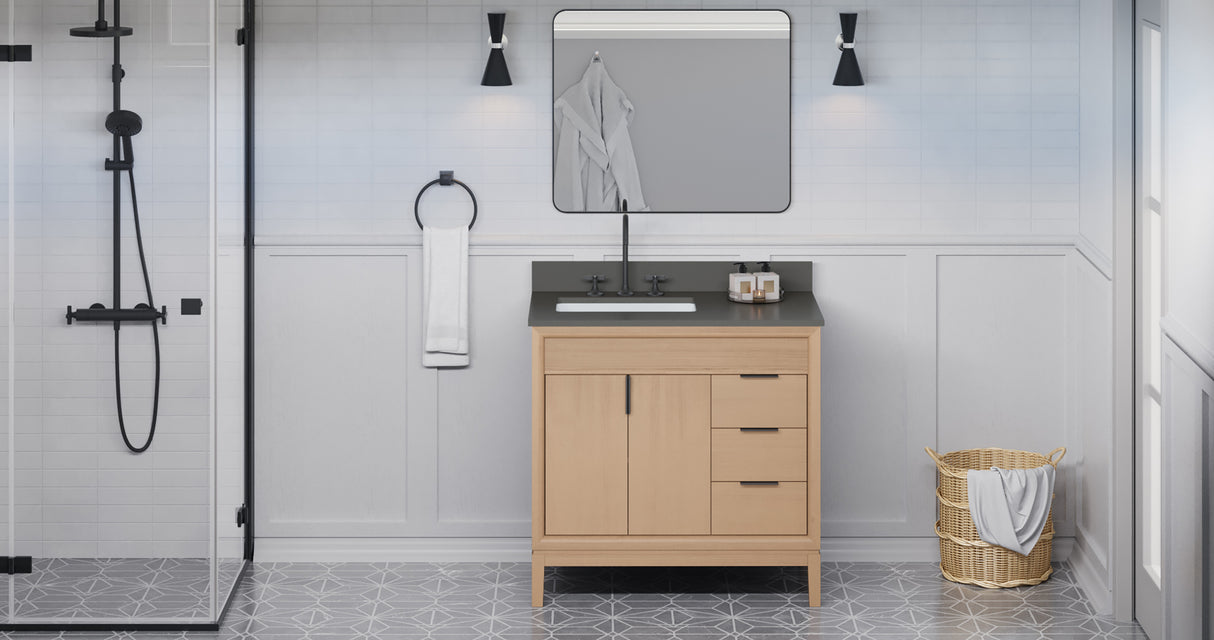 Jeffrey Alexander Theodora 36" Natural Oak Single Sink Bathroom Vanity with Grey Quartz Top - 8 in. Widespread Faucet Top product image 6