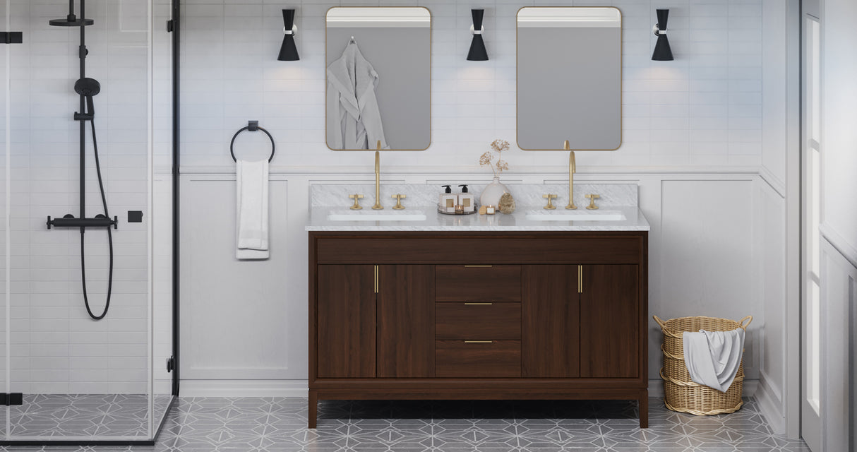 Jeffrey Alexander Theodora 60" Dark Walnut Double Sink Bathroom Vanity with White Carrara Marble Top - 8 in. Widespread Faucet Top product image 6