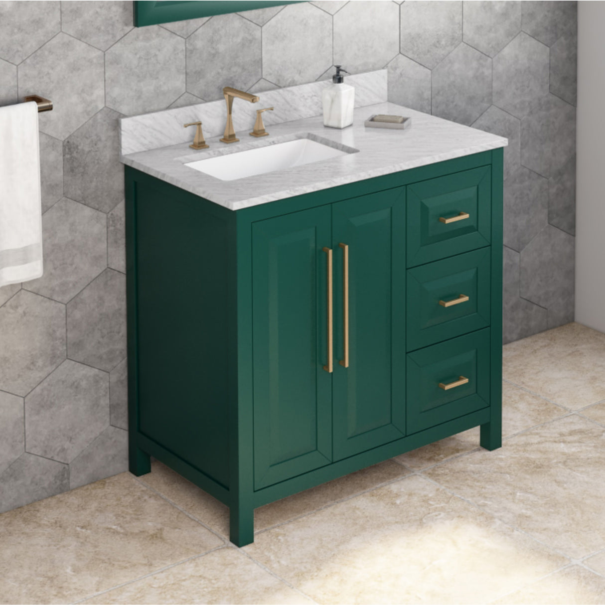 Jeffrey Alexander Cade 36" Green Single Sink Bathroom Vanity with White Carrara Marble Top - 8 in. Widespread Faucet Top product image 2