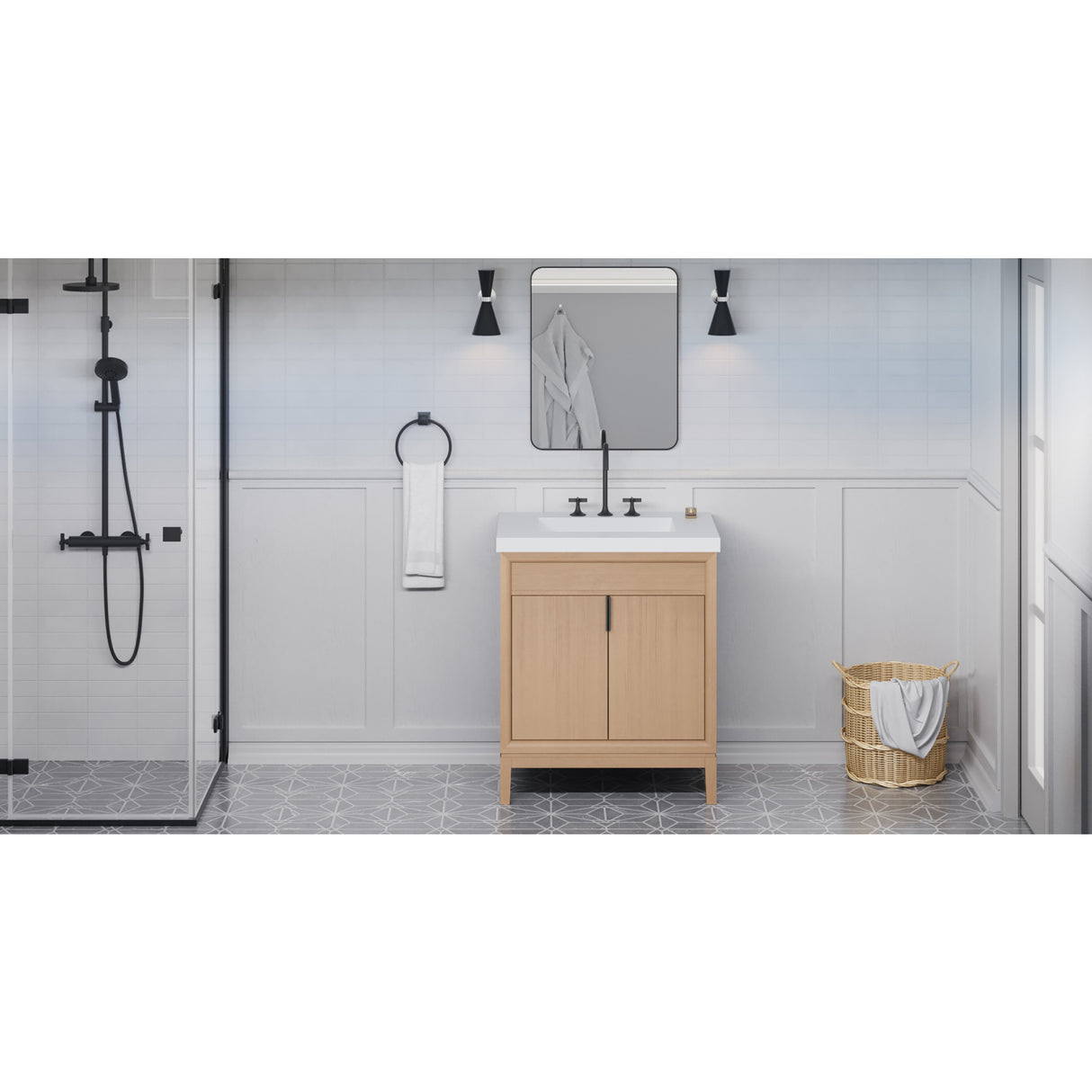 Jeffrey Alexander Theodora 30" Natural Oak Single Sink Bathroom Vanity with White Resin Top - 8 in. Widespread Faucet Top