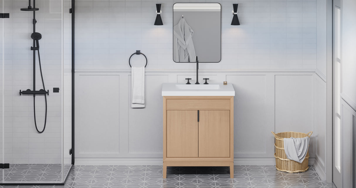 Jeffrey Alexander Theodora 30" Natural Oak Single Sink Bathroom Vanity with White Resin Top - 8 in. Widespread Faucet Top product image 5