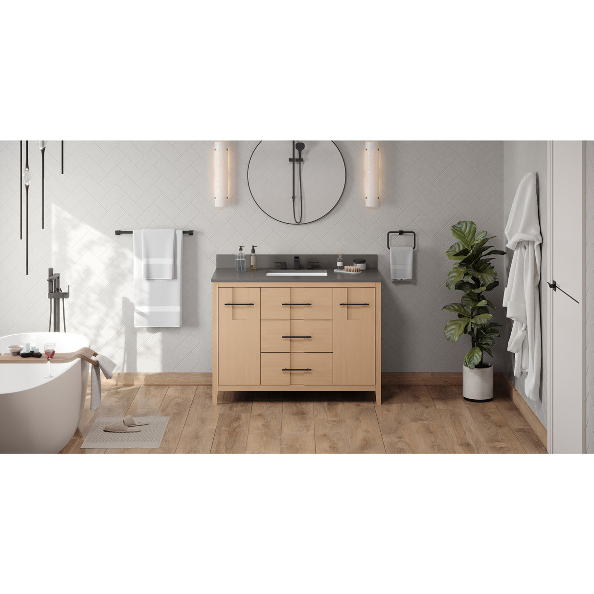 Jeffrey Alexander Katara 48" Natural Oak Single Sink Bathroom Vanity with Grey Quartz Top - 8 in. Widespread Faucet Top