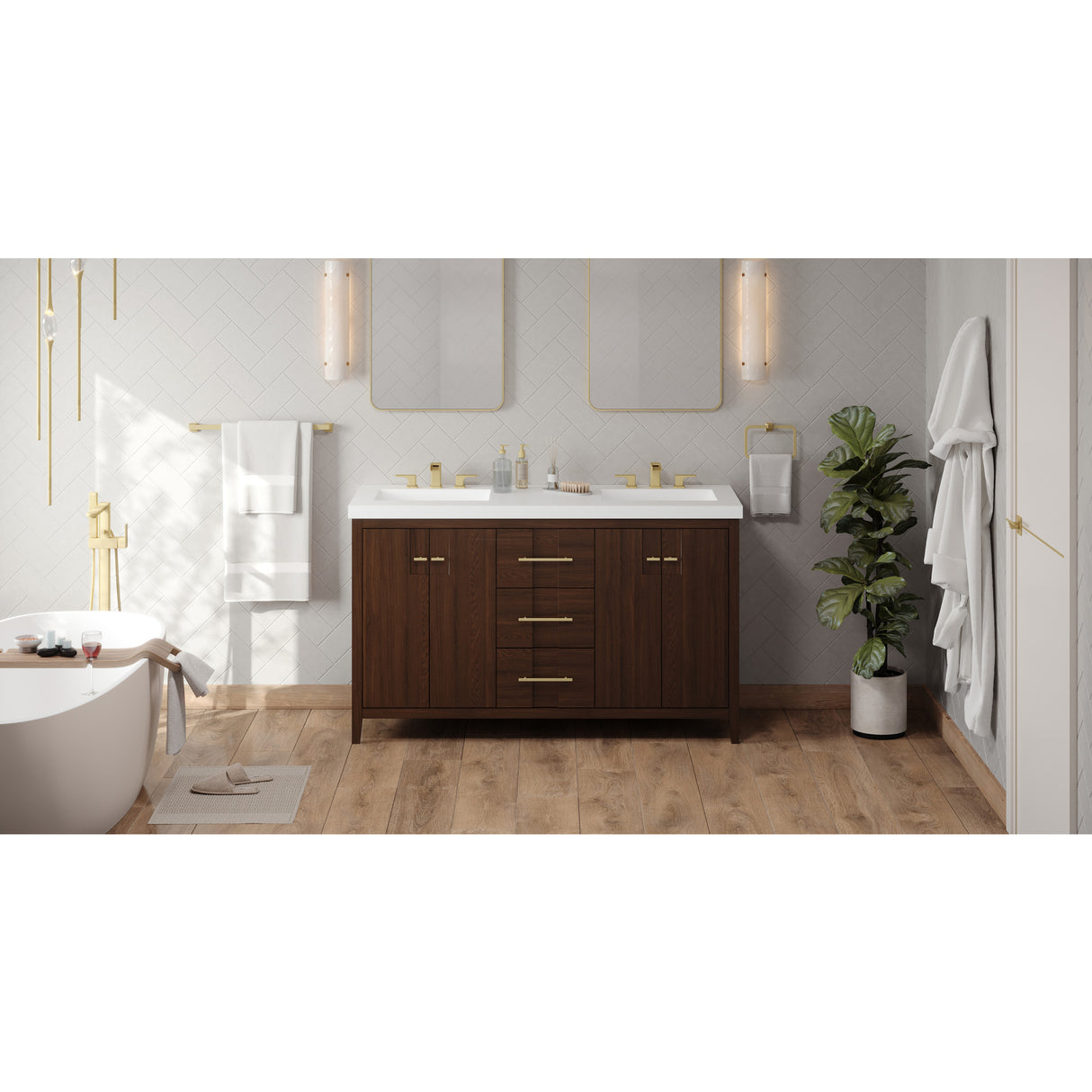 Jeffrey Alexander Katara 60" Dark Walnut Double Sink Bathroom Vanity with White Resin Top - 8 in. Widespread Faucet Top