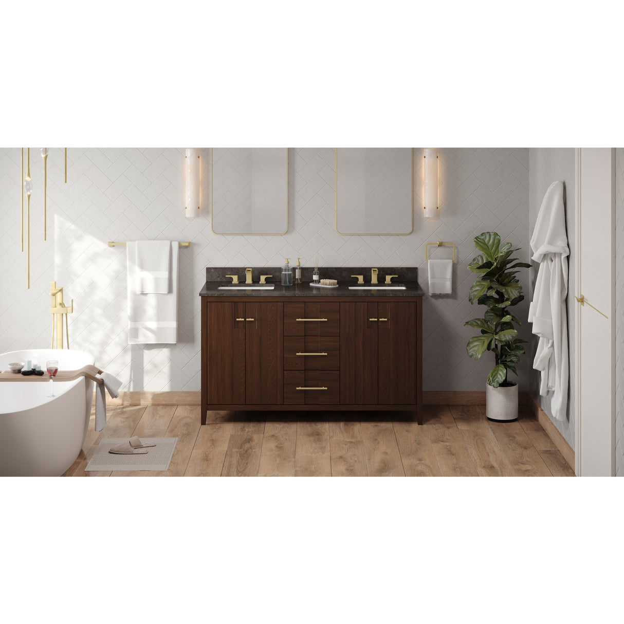 Jeffrey Alexander Katara 60" Dark Walnut Double Sink Bathroom Vanity with Blue Limestone Top - 8 in. Widespread Faucet Top