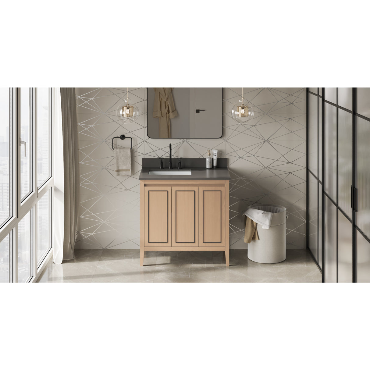 Jeffrey Alexander Percival 36" Natural Oak Single Sink Bathroom Vanity with Grey Quartz Top - 8 in. Widespread Faucet Top