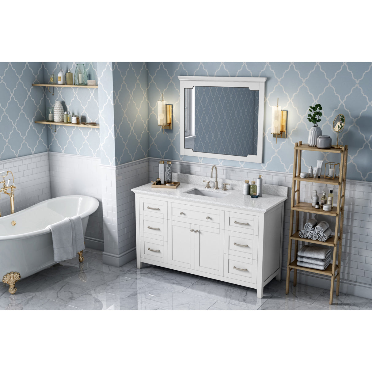 Jeffrey Alexander Chatham 60" White Double Sink Bathroom Vanity with White Carrara Marble Top - 8 in. Widespread Faucet Top - VKITCHA60SWHWCR