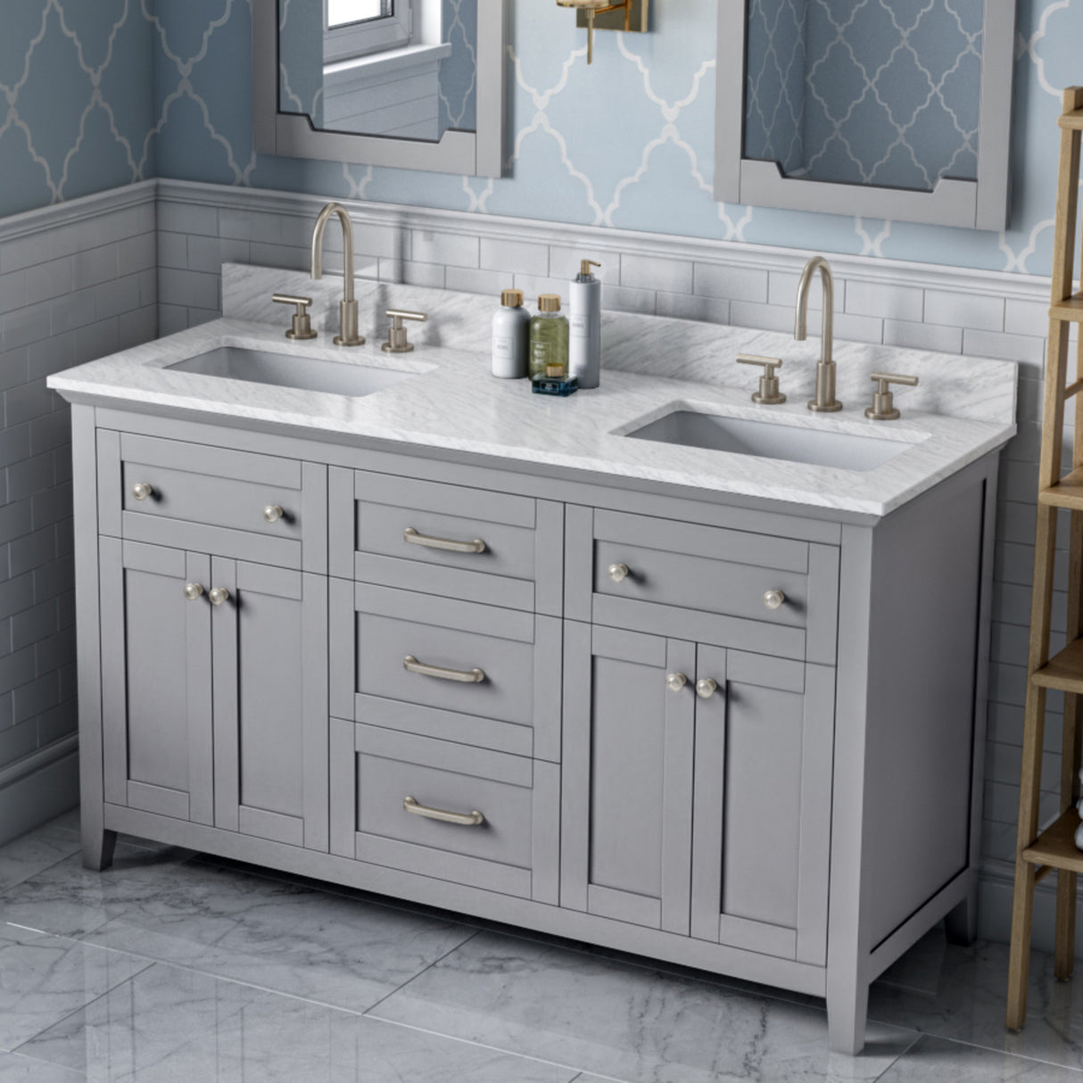 Jeffrey Alexander Chatham 60" Grey Double Sink Bathroom Vanity with White Carrara Marble Top - 8 in. Widespread Faucet Top - VKITCHA60GRWCR product image 2