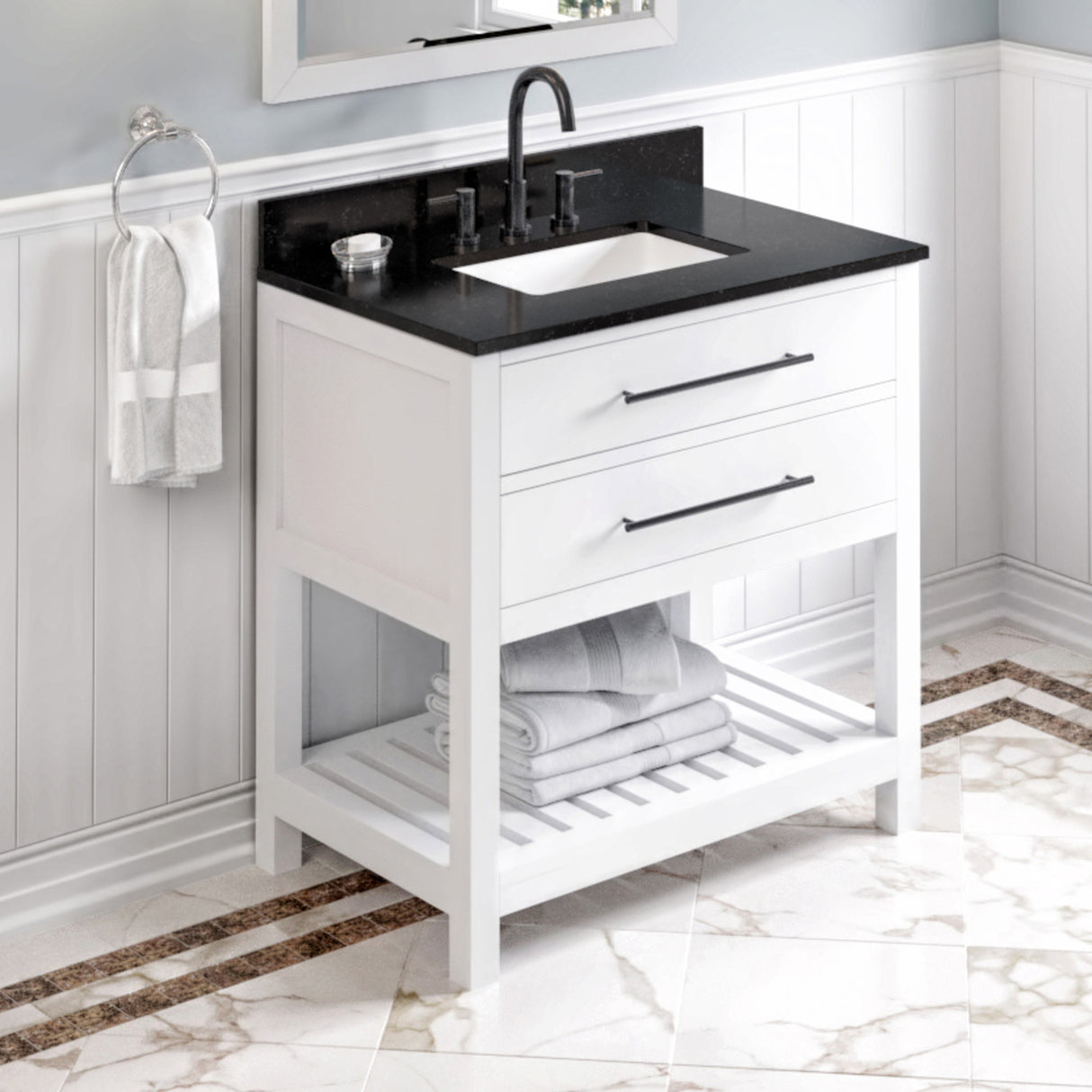 Jeffrey Alexander Wavecrest 36" White Single Sink Bathroom Vanity with Black Granite Top - 8 in. Widespread Faucet Top product image 2
