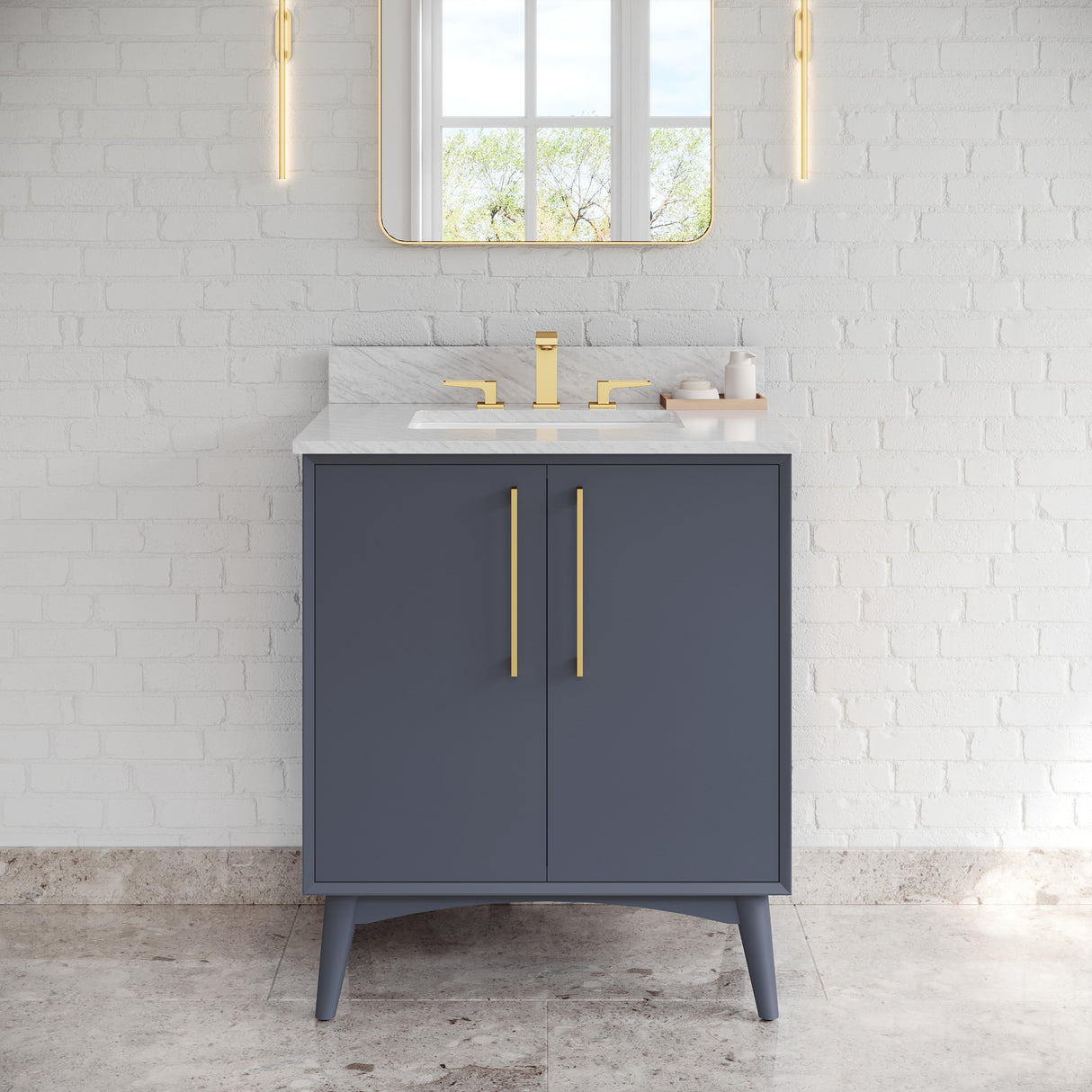 Jeffrey Alexander Dashwood Blue Steel Single Sink Bathroom Vanity with White Carrara Marble Top - Single-Hole Faucet Top