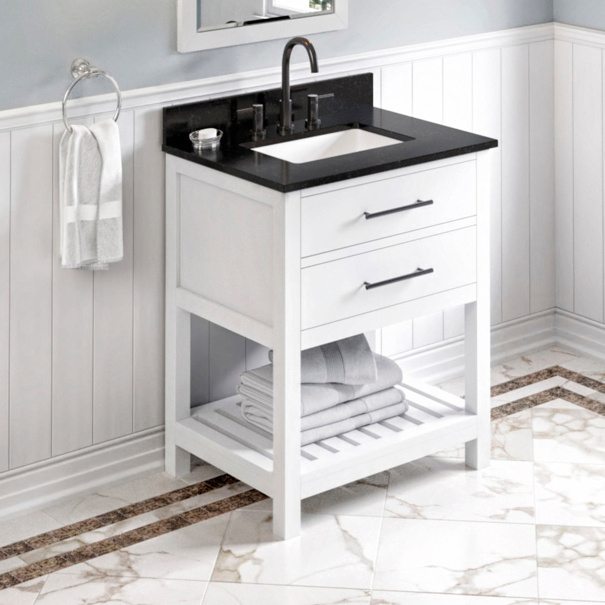 Jeffrey Alexander Wavecrest 30" White Single Sink Bathroom Vanity with Black Granite Top - 8 in. Widespread Faucet Top product image 2