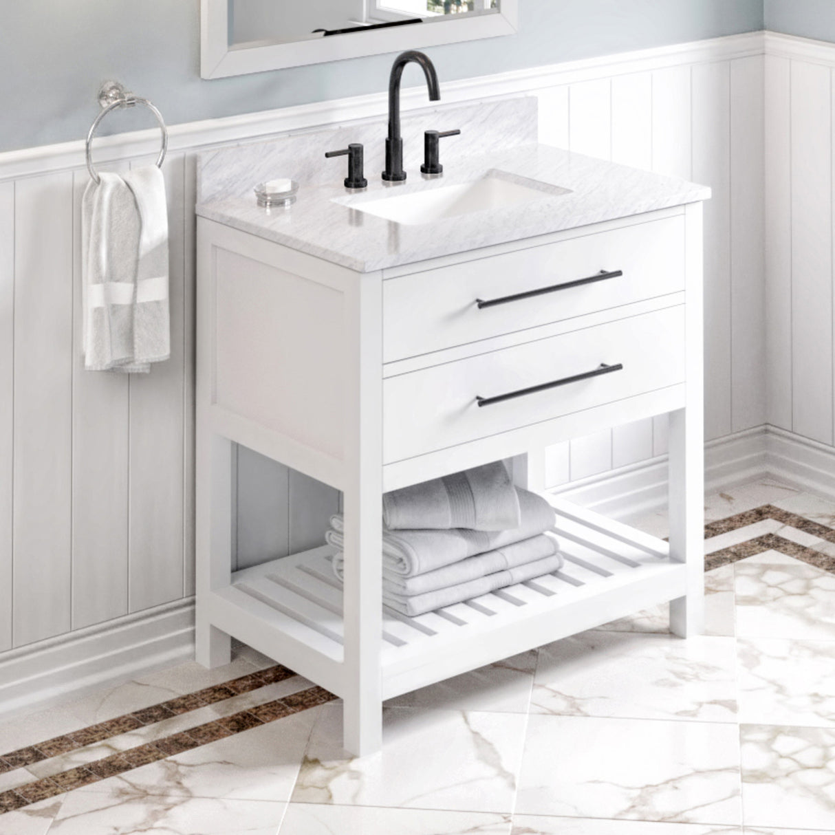 Jeffrey Alexander Wavecrest 36" White Single Sink Bathroom Vanity with White Carrara Marble Top - 8 in. Widespread Faucet Top product image 2
