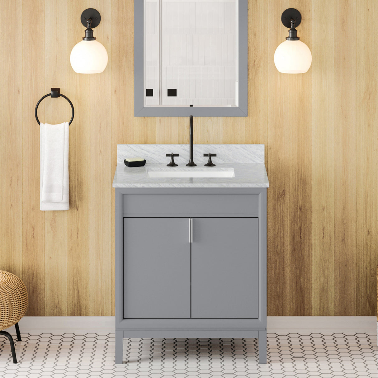Jeffrey Alexander Theodora 30" Grey Single Sink Bathroom Vanity with White Carrara Marble Top - 8 in. Widespread Faucet Top product image 2