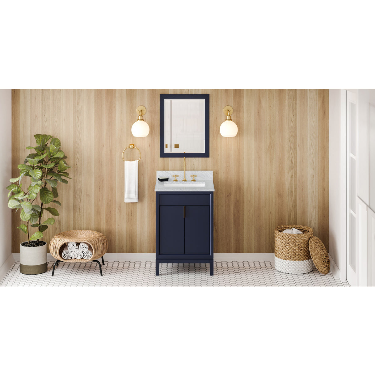 Jeffrey Alexander Theodora 24" Hale Blue Single Sink Bathroom Vanity with White Carrara Marble Top - 8 in. Widespread Faucet Top