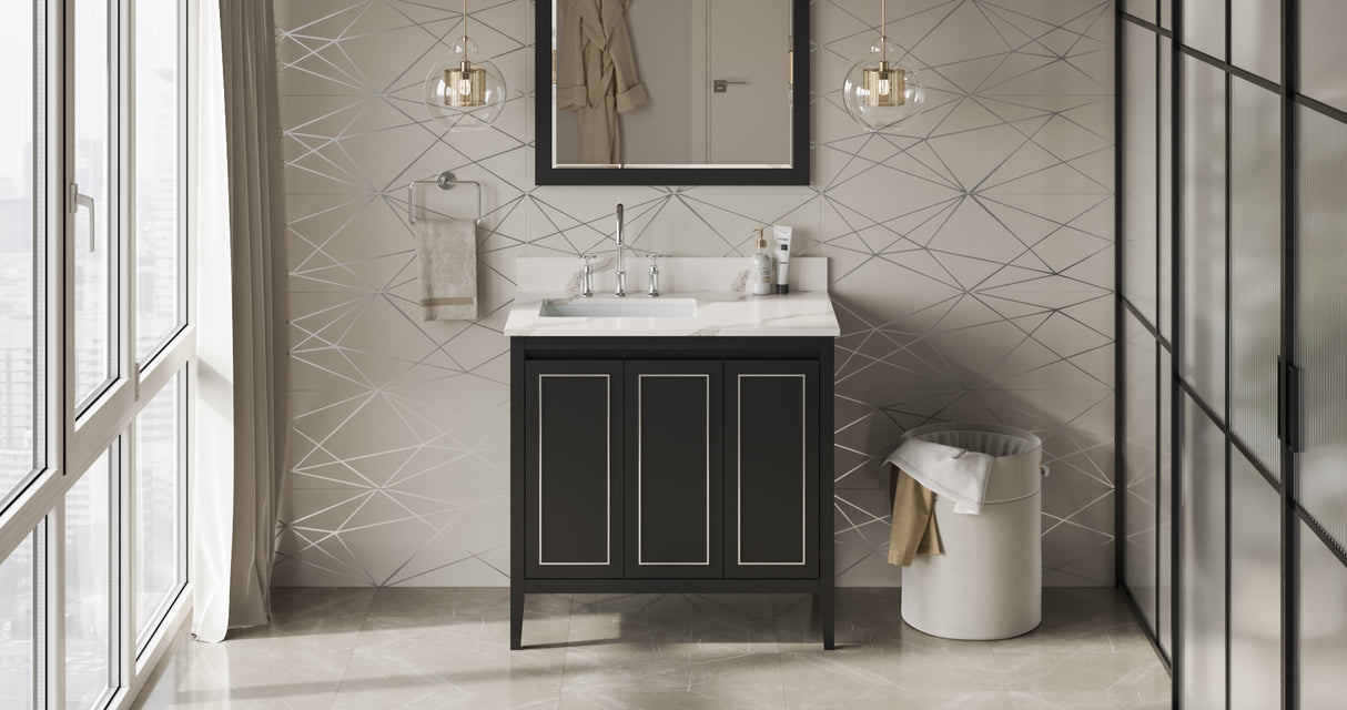 Jeffrey Alexander Percival 36" Black Single Sink Bathroom Vanity with Calacatta Vienna Quartz Top - 8 in. Widespread Faucet Top product image 7