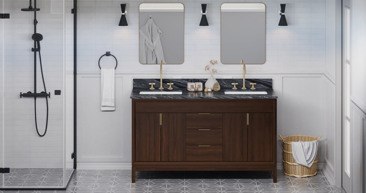 Jeffrey Alexander Theodora 60" Dark Walnut Double Sink Bathroom Vanity with Grey Marble Top - 8 in. Widespread Faucet Top product image 6