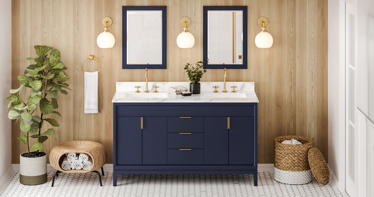 Jeffrey Alexander Theodora 60" Hale Blue Double Sink Bathroom Vanity with Calacatta Vienna Quartz Top - 8 in. Widespread Faucet Top product image 7