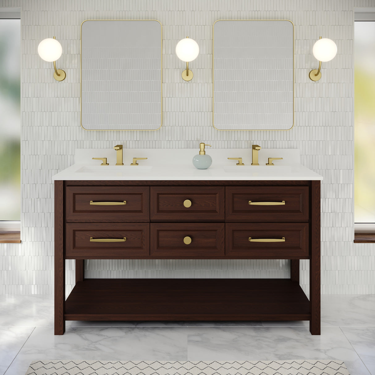 Jeffrey Alexander Kipling 60" Dark Walnut Double Sink Bathroom Vanity with White Quartz Top - 8 in. Widespread Faucet Top