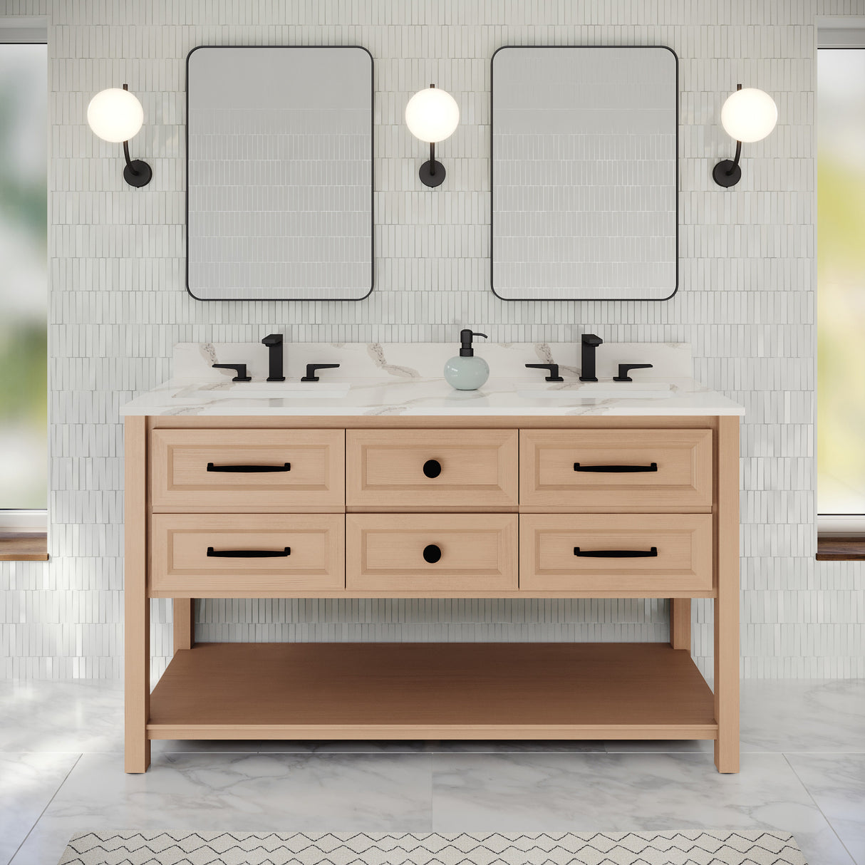 Jeffrey Alexander Kipling 60" Natural Oak Double Sink Bathroom Vanity with Calacatta Vienna Quartz Top - 8 in. Widespread Faucet Top