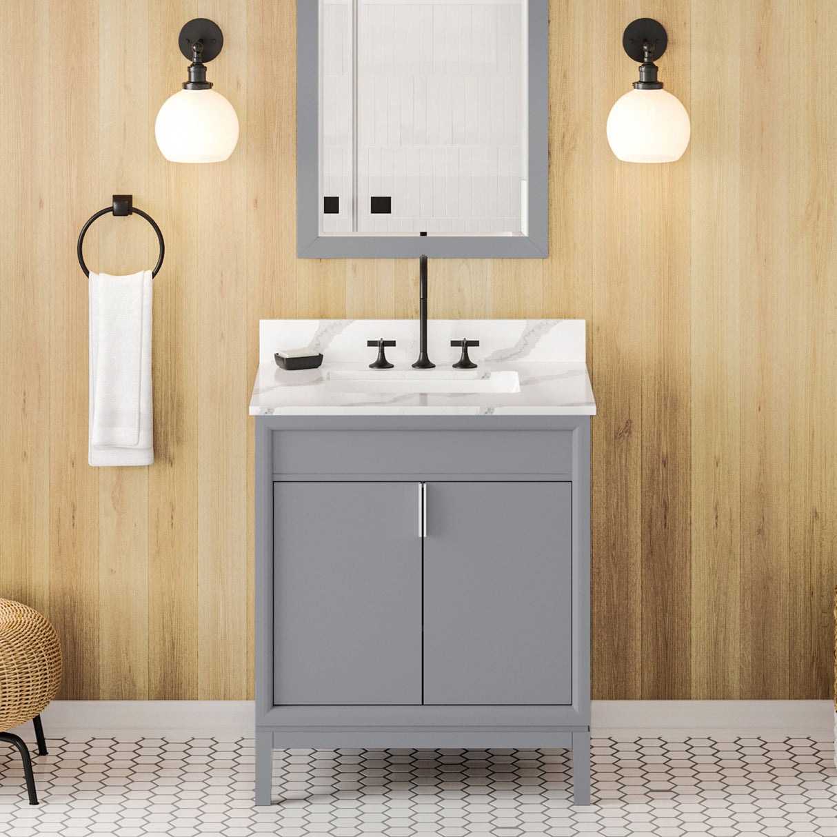 Jeffrey Alexander Theodora 30" Grey Single Sink Bathroom Vanity with Calacatta Vienna Quartz Top - 8 in. Widespread Faucet Top product image 2