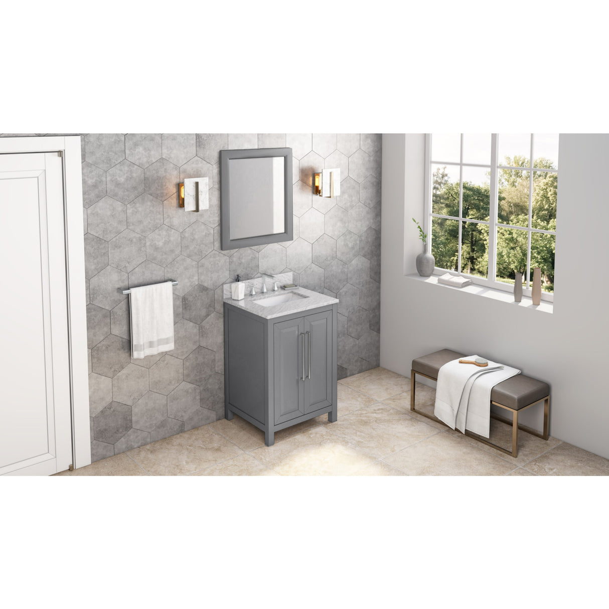 Jeffrey Alexander Cade 24" Grey Single Sink Bathroom Vanity with White Carrara Marble Top - 8 in. Widespread Faucet Top