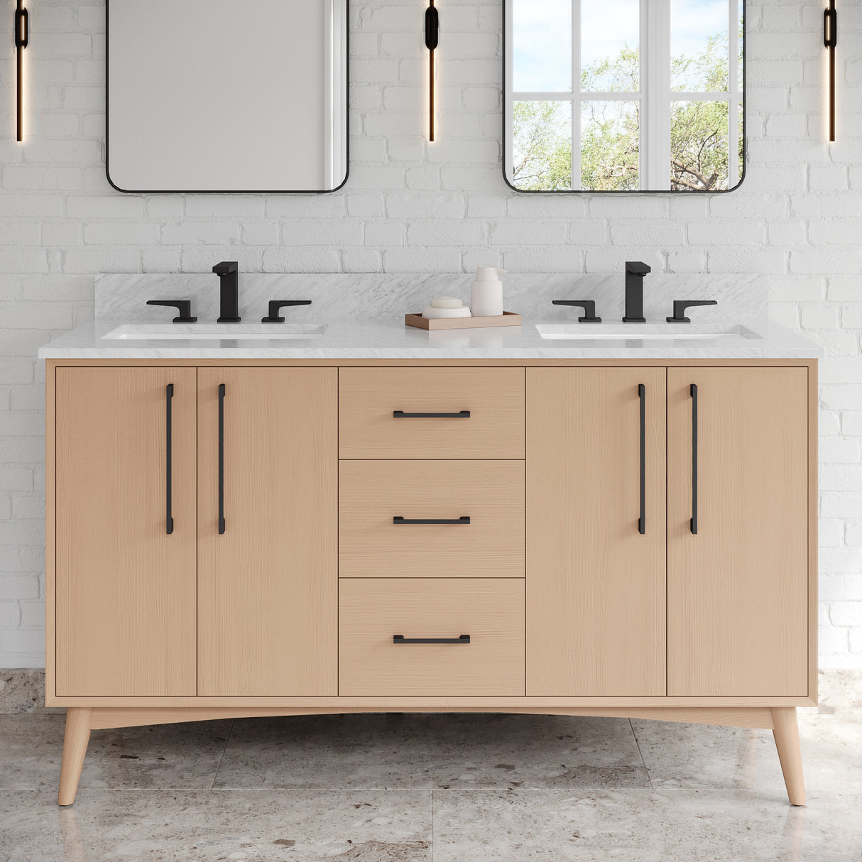 Jeffrey Alexander Dashwood 60" Natural Oak Double Sink Bathroom Vanity with White Carrara Marble Top - 8 in. Widespread Faucet Top