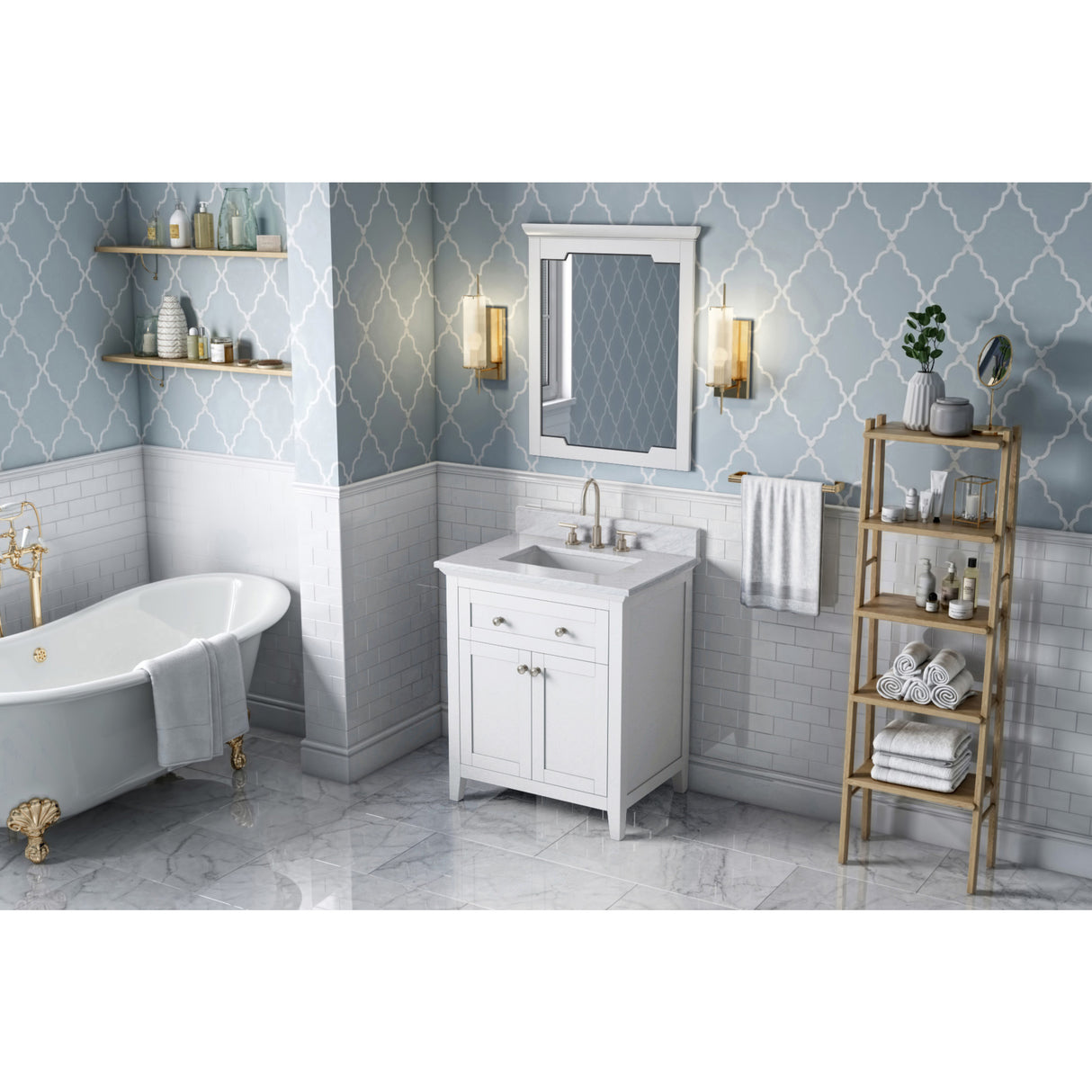 Jeffrey Alexander Chatham 30" White Single Sink Bathroom Vanity with White Carrara Marble Top - 8 in. Widespread Faucet Top